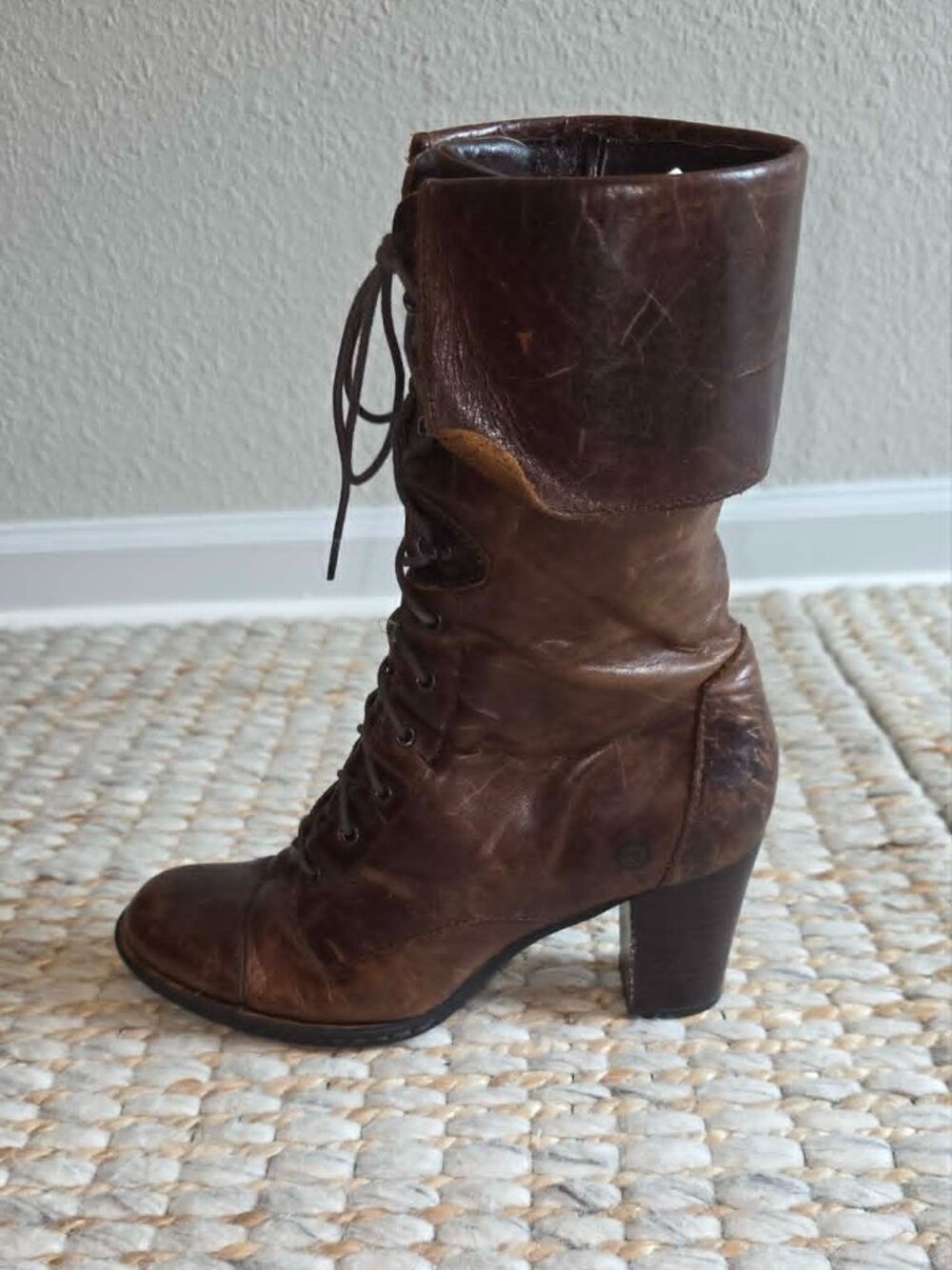 Born Brown Leather Lace Up Fold Over Side Zip Heeled Combat Moto Boot - 9.5 - Picture 7 of 16